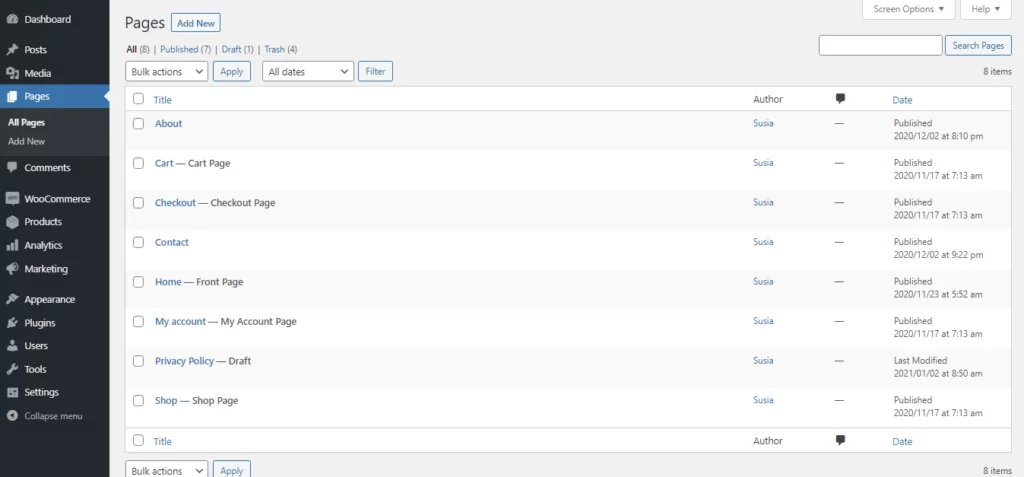 Pages WordPress